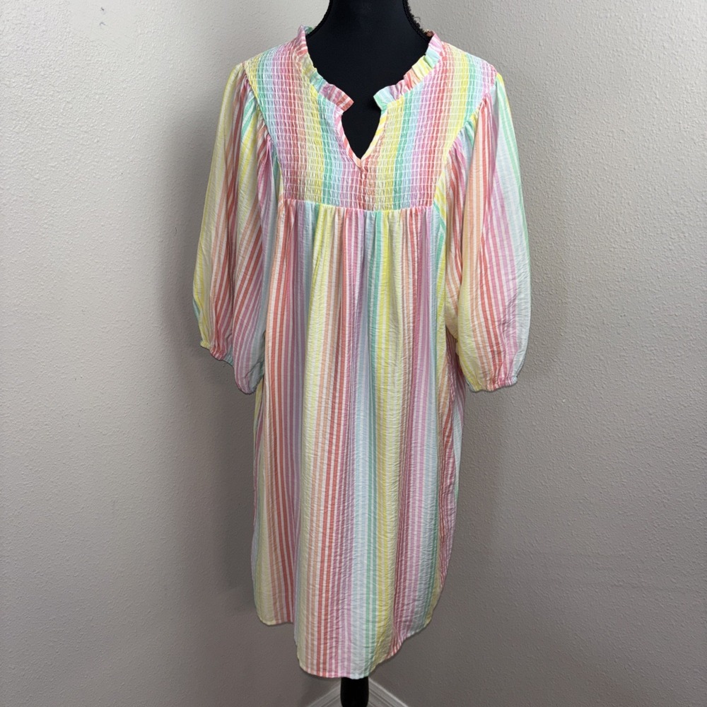 Michelle McDowell Dress Women's Large Pastel Striped Pullover V Neck Puff Sleeve